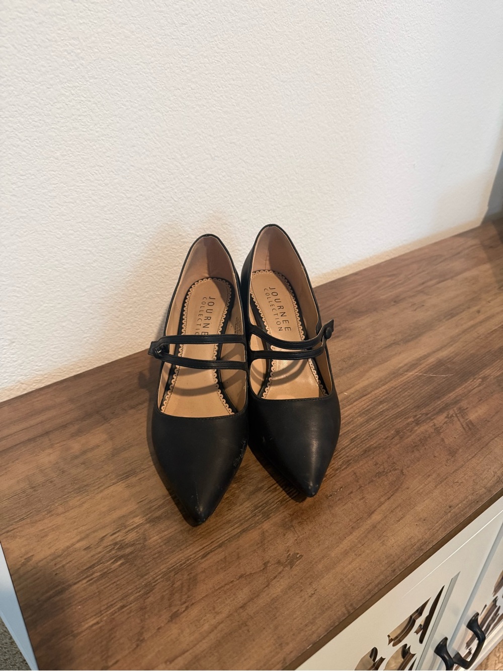 Journee Collection Black Pointed Mary Jane Heels with Double Strap